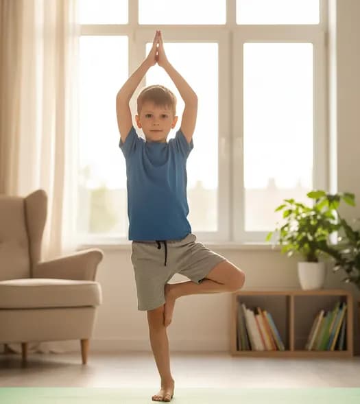Child doing yoga pose in a bright room