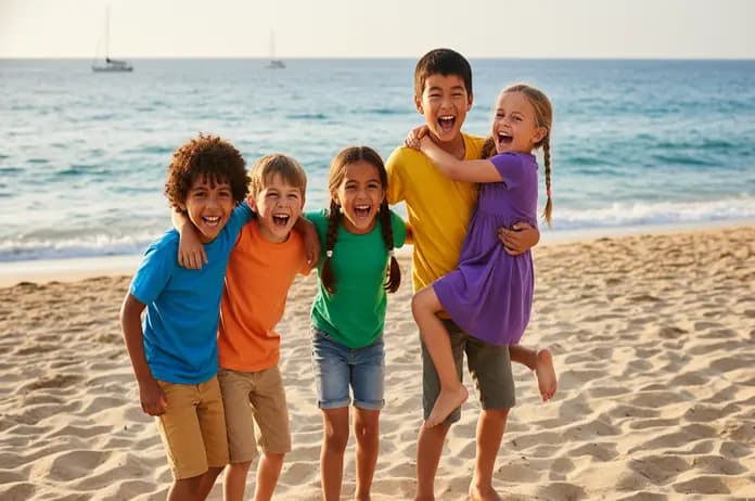 Happy children standing together in a field
