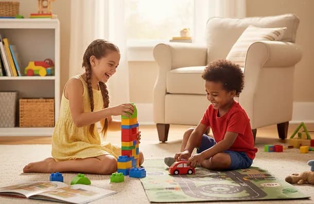 Children playing with colorful building blocks