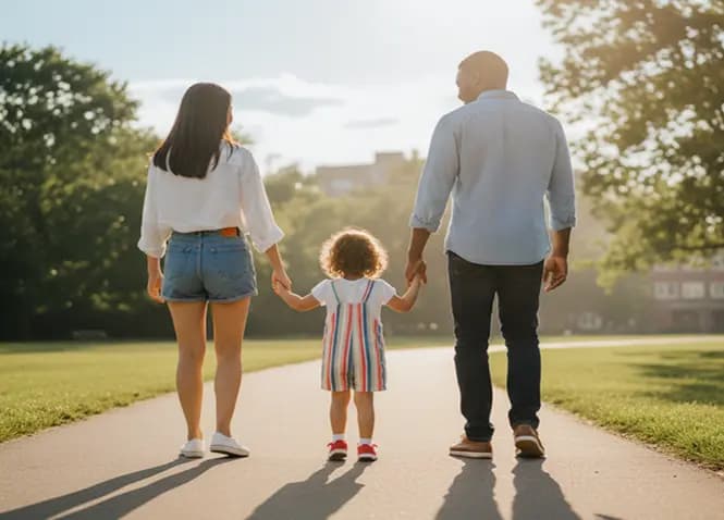 Family walking on road