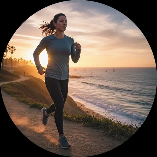 Couple running through forest