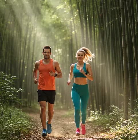 Couple running through forest