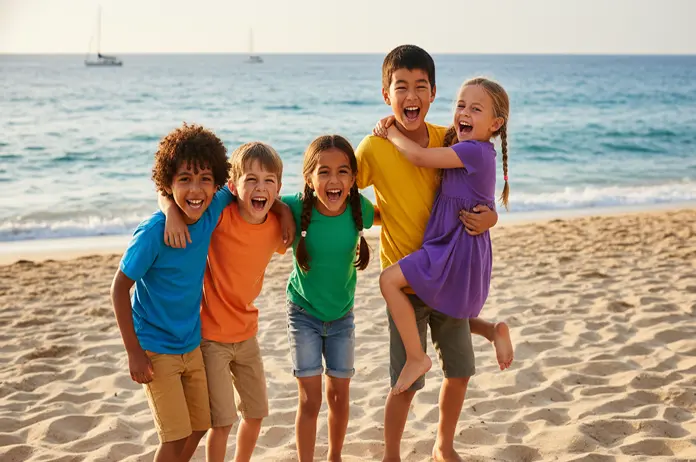 Happy children standing together in a field